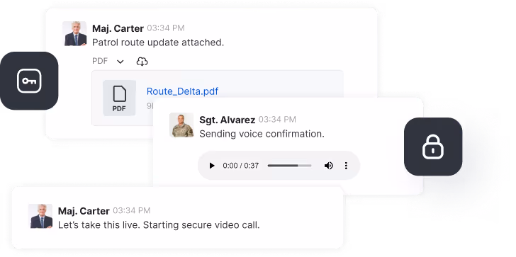 Chat conversation showing Maj. Carter sharing a patrol route PDF, Sgt. Alvarez sending a voice confirmation audio message, and Maj. Carter starting a secure video call, with security icons for key and lock.